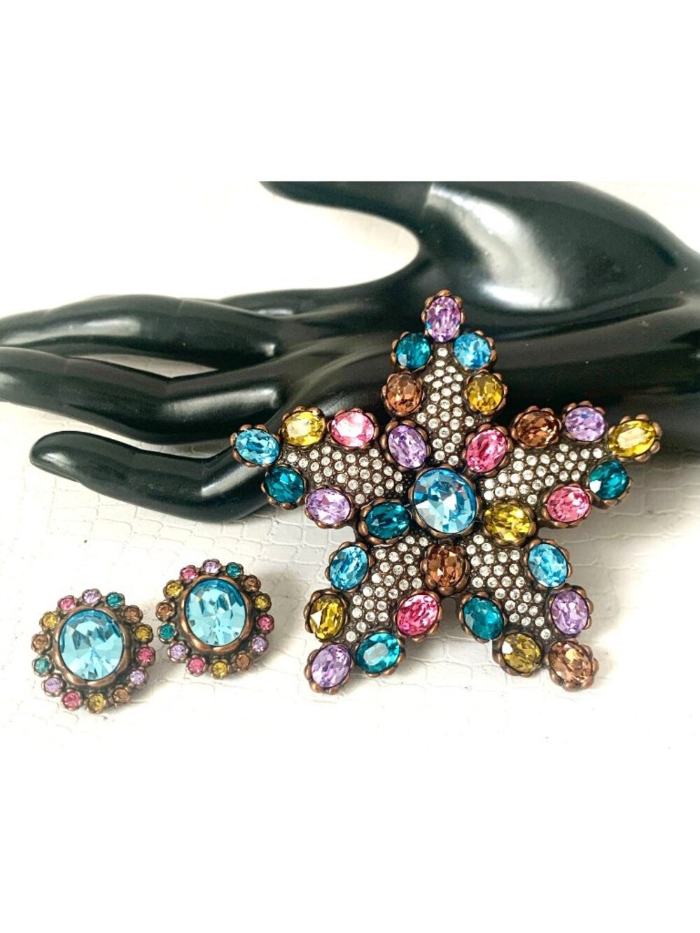 Vintage Joan Rivers Starfish Brooch Matching Earrings Clip On Statement Rhinesto